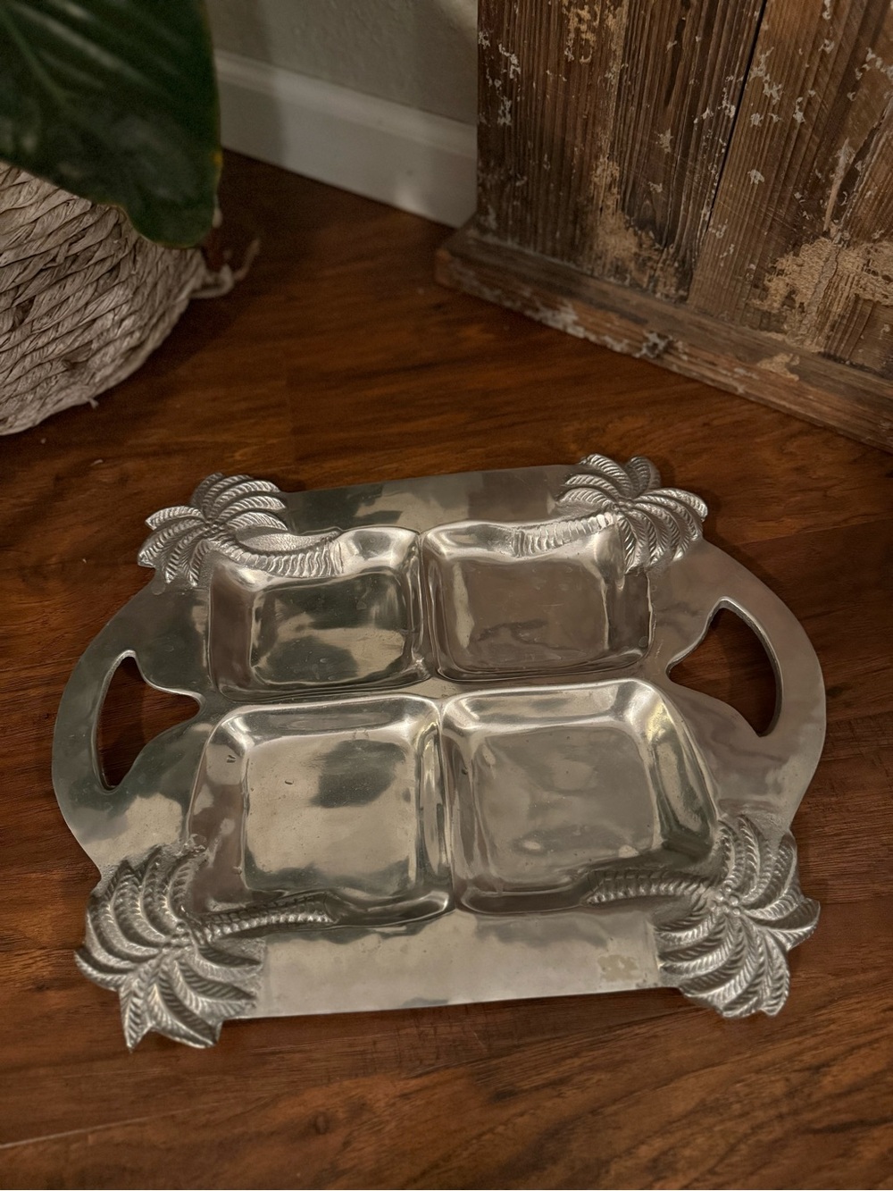 Vintage-Style Silver Divided Serving Tray with Palm Motif 16”